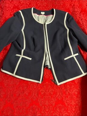 Crown & Ivy Navy Blue White Piped Blazer Jacket Women's XL Nautical Preppy